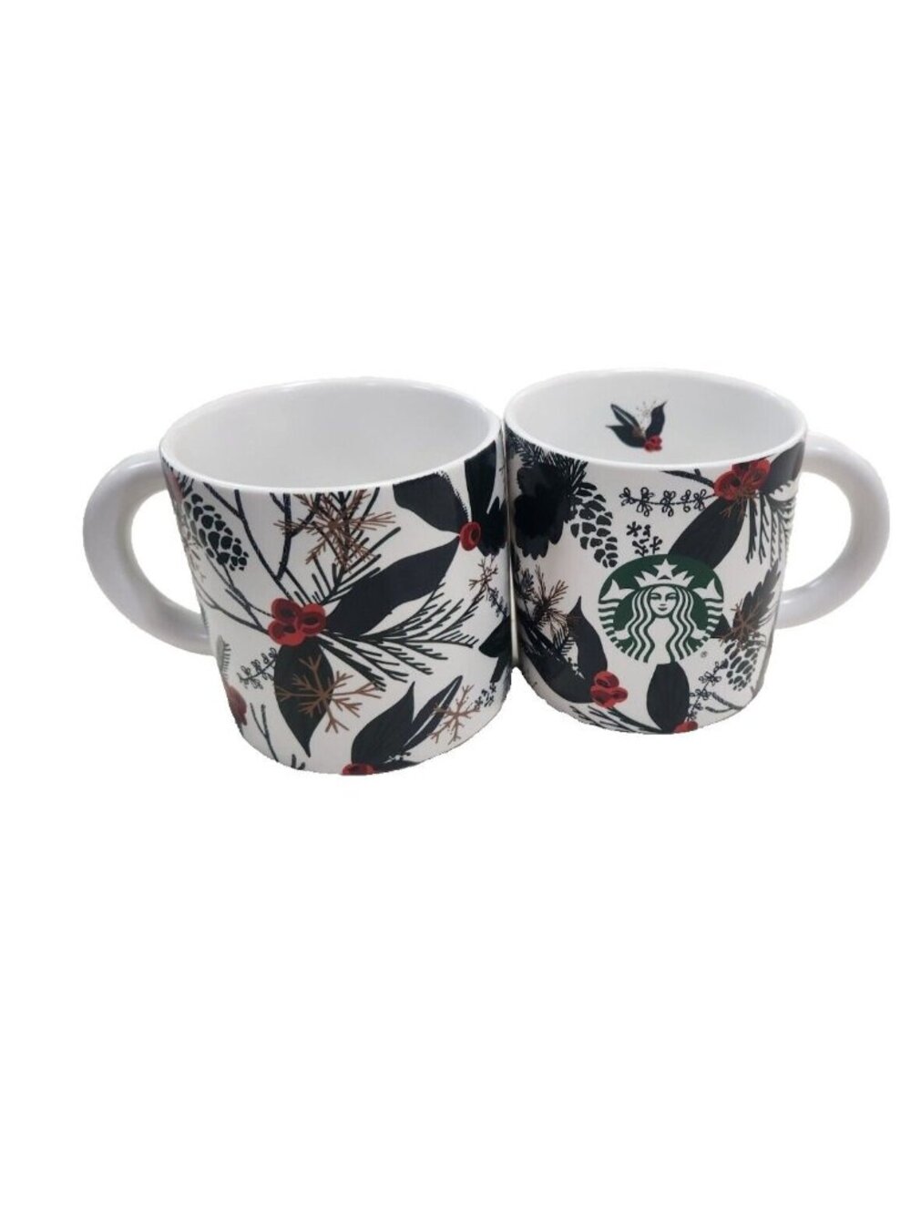 Starbucks Christmas Holly Berry Pine Cone Ceramic 12oz Coffee Tea Cups Set 2